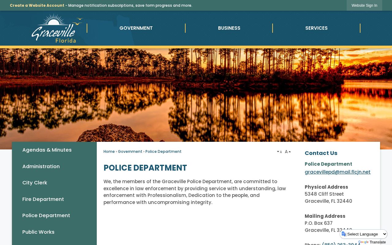 Graceville Police Department official contact page