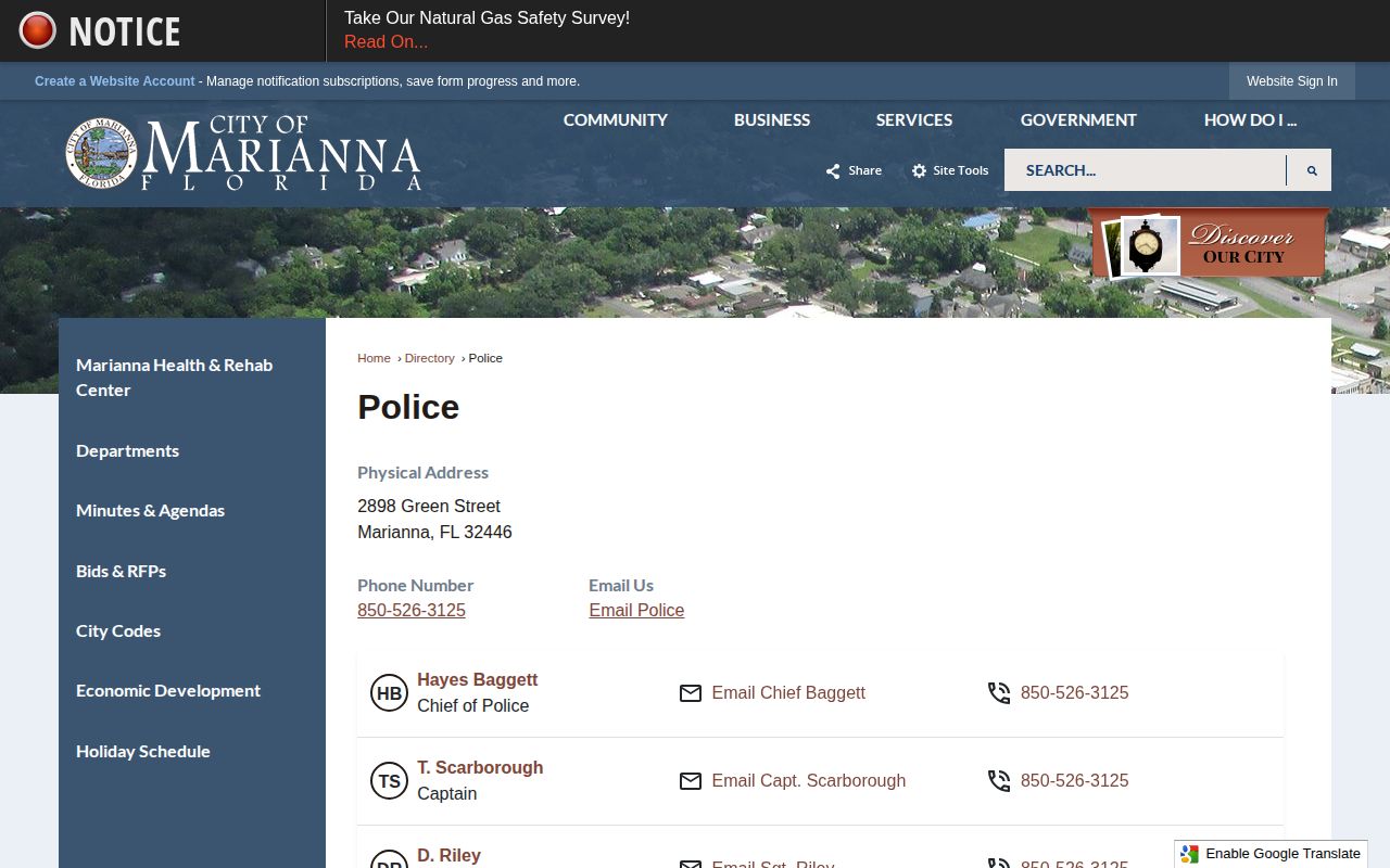 Marianna city department directory showing police records contact information